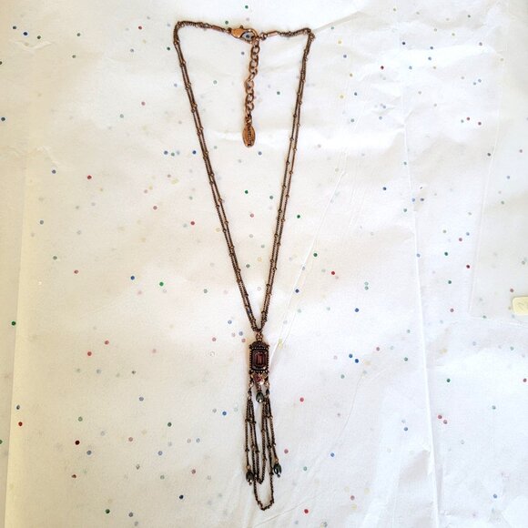 SATELLITE PARIS VINTAGE FACETED RECTANGULAR AMETHYST GLASS NECKLACE W/ DANGLES - Picture 2 of 9